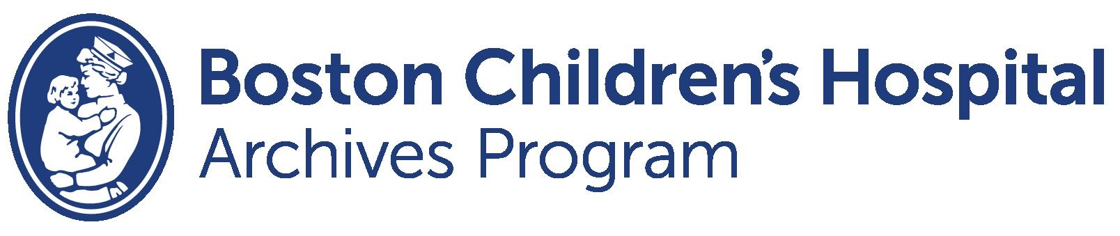 In dark navy blue text on white background "Boston Children's Hospital Archives Program" Logo image of nurse holding young child. 